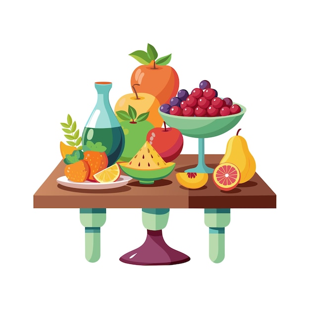 una mesa con frutas y un plato de frutas encima
