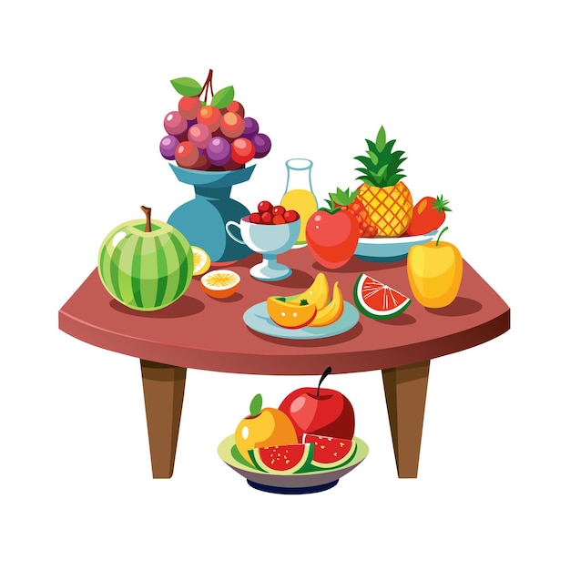 una mesa con frutas y un plato de frutas encima