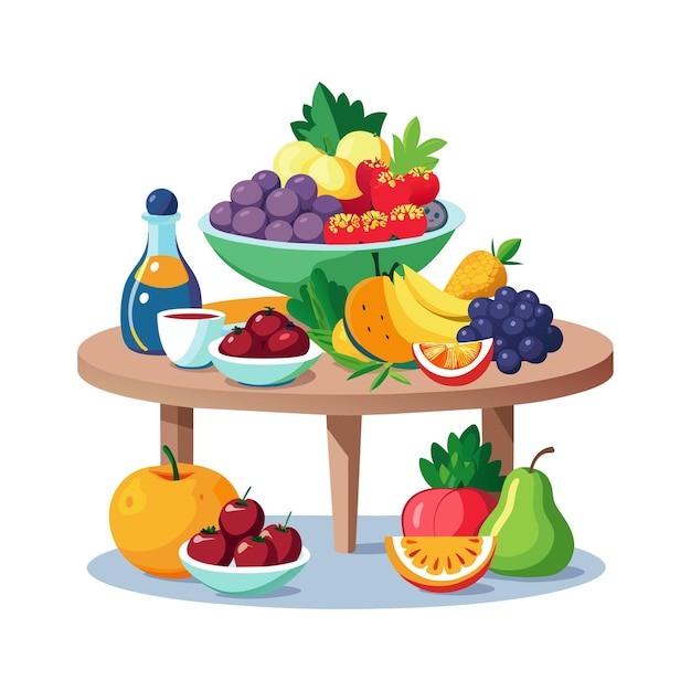 una mesa con frutas y un plato de frutas encima