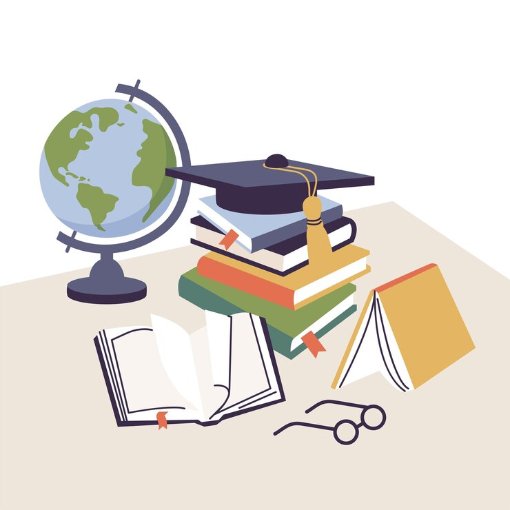 Mesa de ilustraciones vectoriales con montones de libros y compas de globo escolar y gorra de graduación de lápiz Artículos educativos