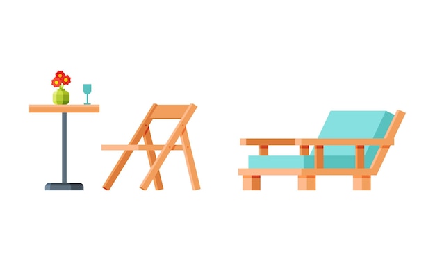 Mesa de jardín de madera y silla de terraza para barbacoa y picnic