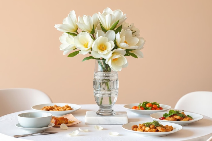 Vector una mesa con un jarrón con flores y un jarrón con flores en él