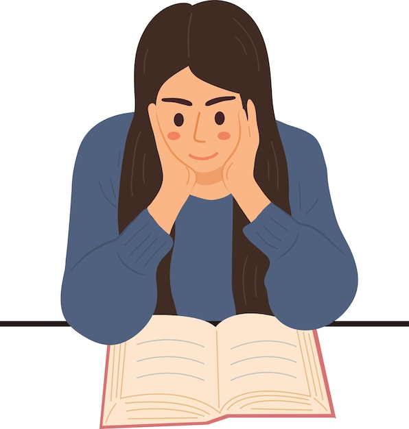 La mesa de lectura Libro relajarse Mujer estudiante Ilustración de personajes Arte gráfico de dibujos animados