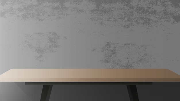 Mesa de madera con base de metal negro. Mesa vacía, gris, muro de hormigón.