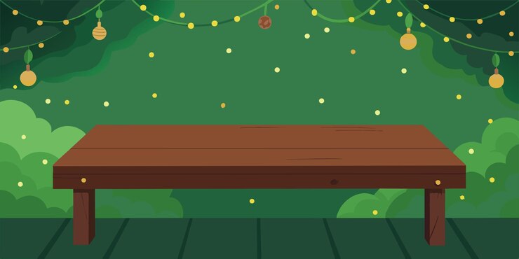 Vector mesa de madera marrón vacía con decoración de luz borrosa en fondo de bokeh de árbol verde