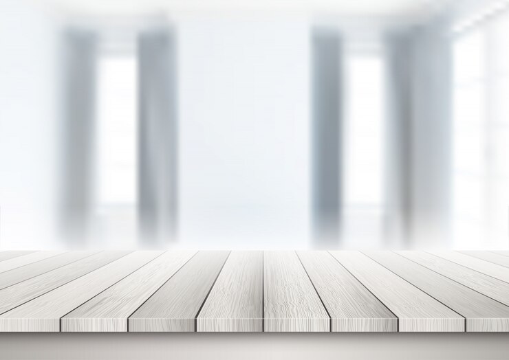 Vector mesa de madera mirando hacia el interior de una habitación desenfocada