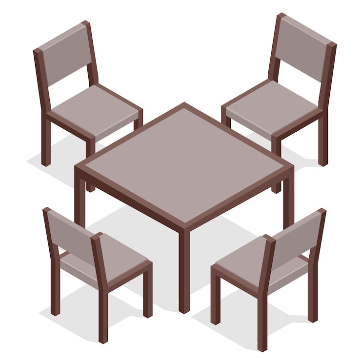 Vector mesa de madera con sillas para cafeterías. mesa y sillas modernas sobre fondo blanco. ilustración de vector isométrico plano 3d