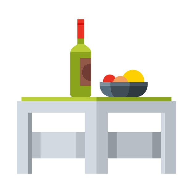 Mesa pequeña con botella de vino y plato de frutas frescas Diseño moderno de muebles de jardín Ilustración vectorial plana