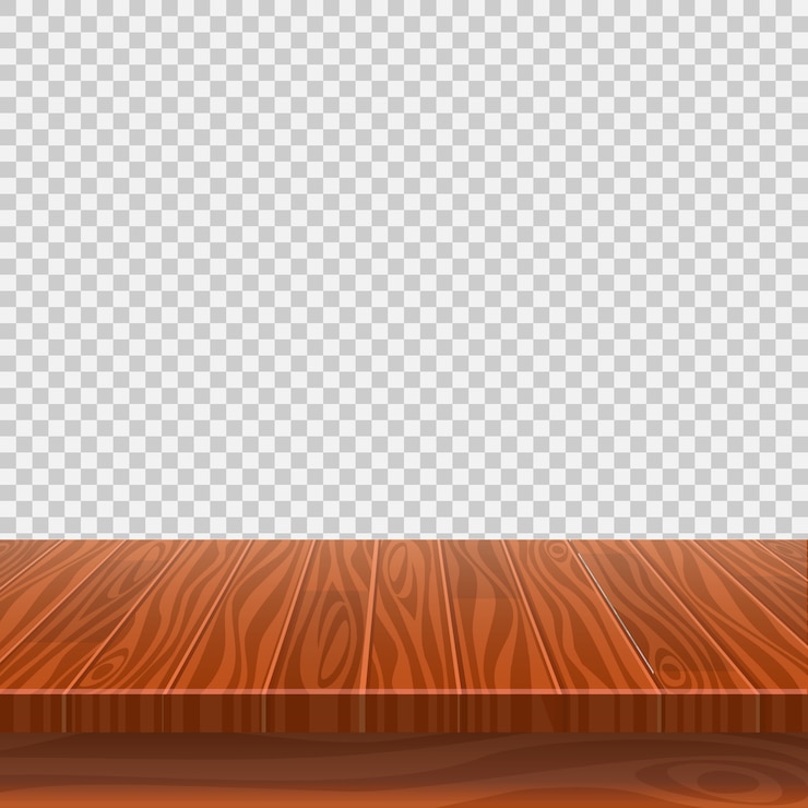 Vector mesa de perspectiva de madera vacía para colocación de productos o montaje con enfoque en la parte superior de la mesa, con fondo transparente aislado.