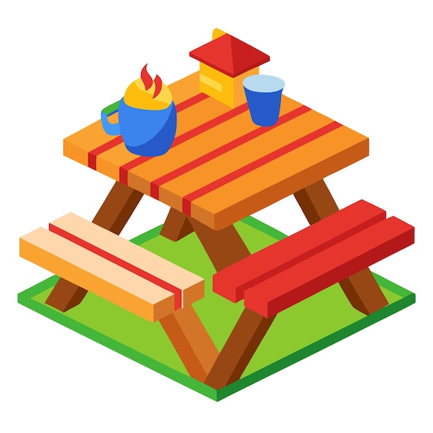 una mesa de picnic con un fuego y un lugar de fuego con una tabla de picnic y un pozo de fuego