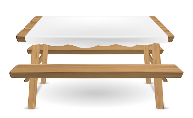 Mesa de picnic de madera con vector mantel blanco