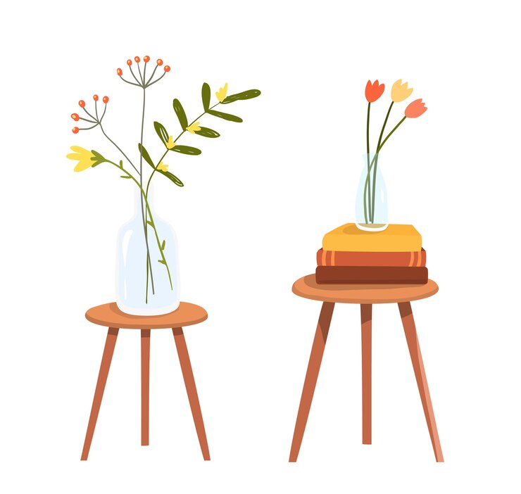 Vector mesa con pila de libros y flores en florero vector gráfico dibujado a mano plana.