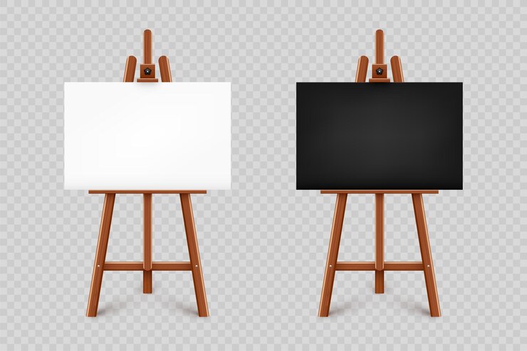 Vector mesa de pintura realista con un caballete de madera de lienzo en blanco y negro y una hoja de papel de dibujo