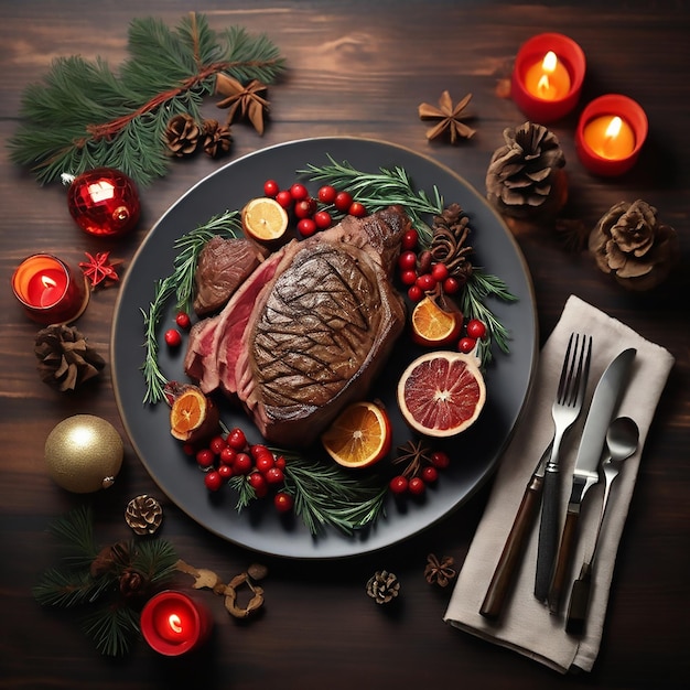 Vector una mesa plana de deliciosa cena navideña con filete de carne asada