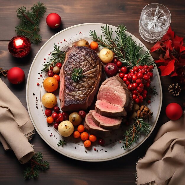 Una mesa plana de deliciosa cena navideña con filete de carne asada