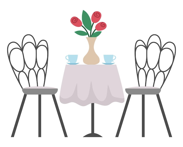 Mesa plana de estilo vectorial con sillas jarrón con flores tazas de café bonita pieza de mueble icono de símbolo francés aislado en fondo blanco ilustración romántica de una escena de caféxA