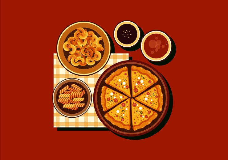 Vector una mesa con un plato de comida y un plato de comida con una pizza encima.