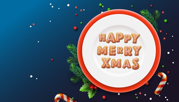 Mesa de plato de Navidad con muérdago Texto feliz feliz Navidad del vector de galletas de jengibre