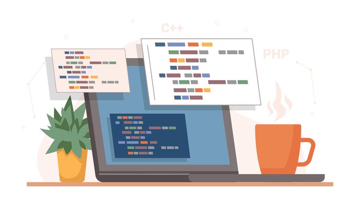 Vector mesa de programación y codificación con laptop y taza