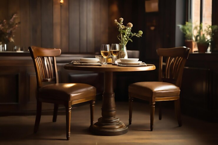 Vector una mesa puesta con platos de vasos y platos de plata en un restaurante de estado de ánimo oscuro