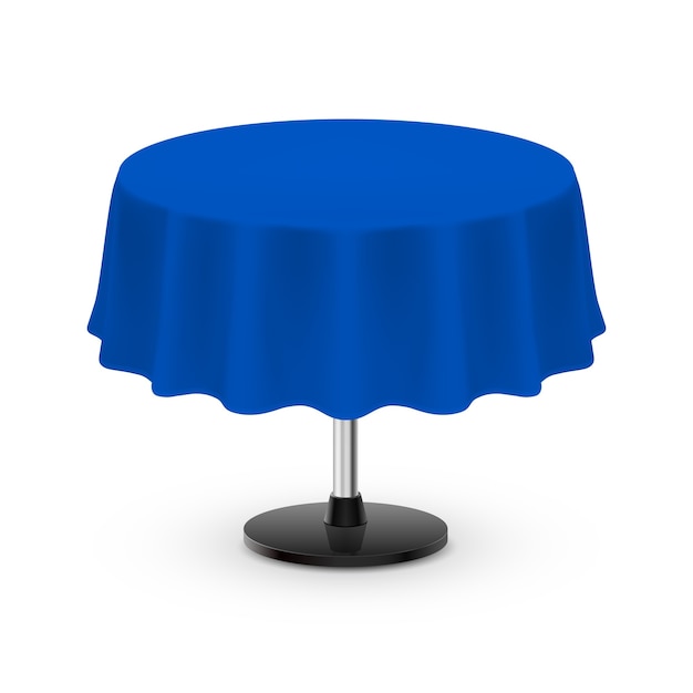 Mesa redonda en blanco aislado con mantel en azul sobre blanco