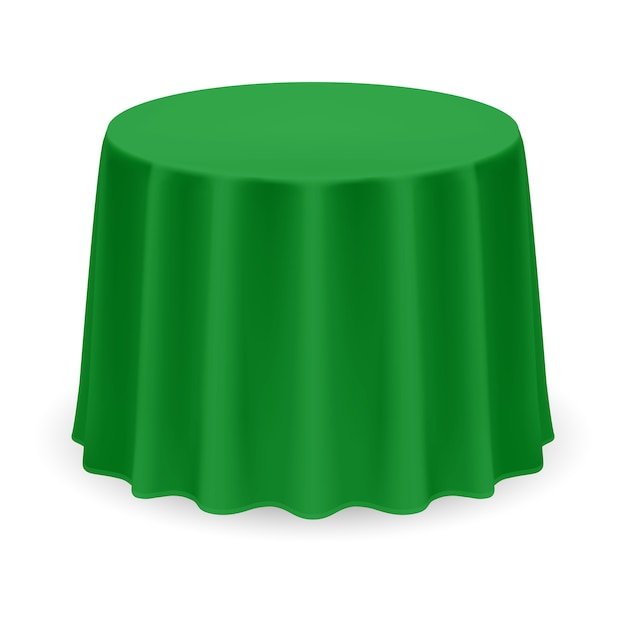 Mesa redonda en blanco aislado con mantel en color verde sobre blanco
