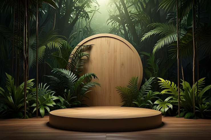 Vector una mesa redonda con un círculo de palmeras y un círculo redondo de madera