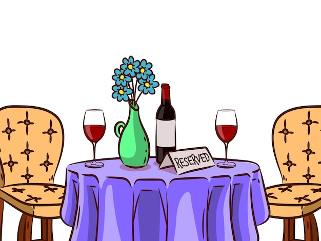 Mesa romántica para dos Sobre la mesa hay una botella de vino un jarrón con flores copas de vino y un icono reservado La ilustración está hecha al estilo de bocetos Una mesita para dos para una cita