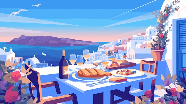 Una mesa romántica para una luna de miel en Santorini
