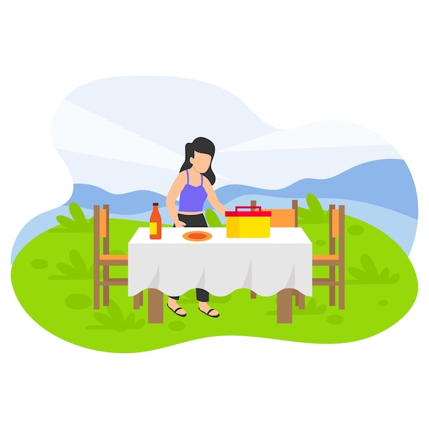 Mesa de servicio al aire libre en el concepto de picnic o bosque Mujer joven que organiza el diseño del color del vector de alimentos