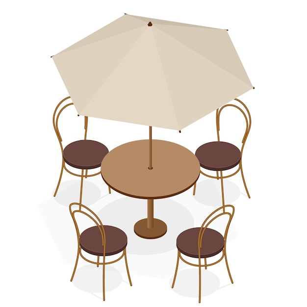 Mesa con sillas para cafeterías. mesa y sillas modernas sobre fondo blanco. ilustración de vector isométrico plano 3d