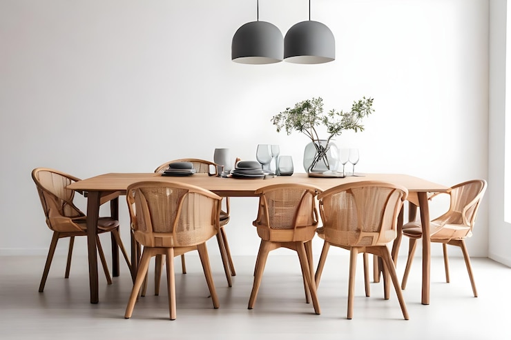 Vector una mesa con sillas y una lámpara colgando del techo