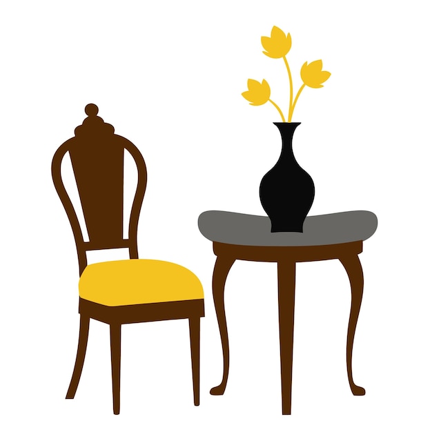Una mesa de sillas vectoriales y una flor sobre un fondo blanco