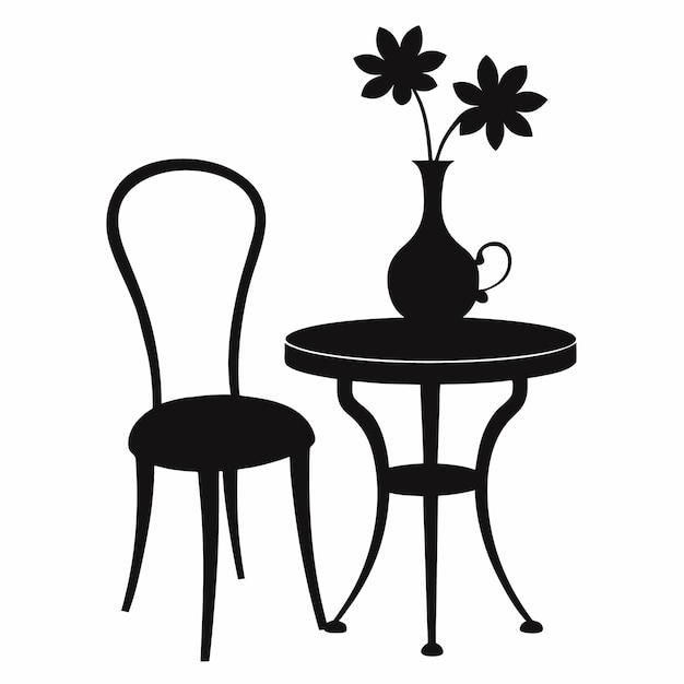 Una mesa de sillas vectoriales y una flor sobre un fondo blanco