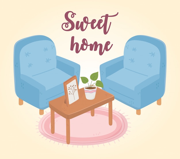 Mesa de sillones sweet home con decoración vegetal y marco