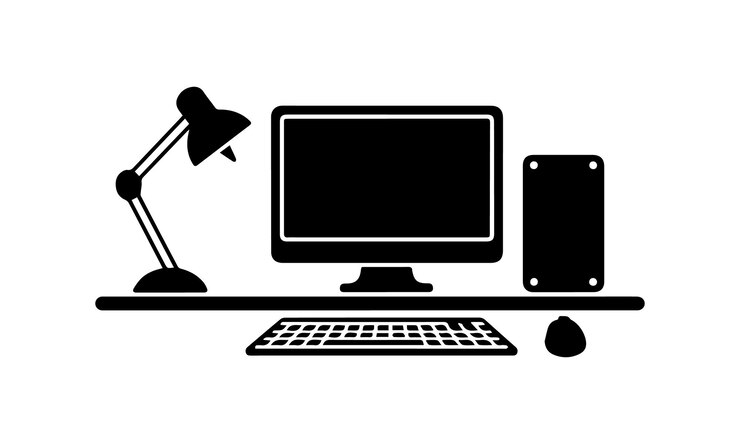 Vector la mesa con el símbolo de la computadora y la lámpara está en un fondo blanco