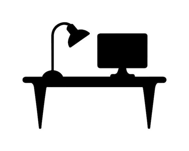 La mesa con el símbolo de la computadora y la lámpara está en un fondo blanco