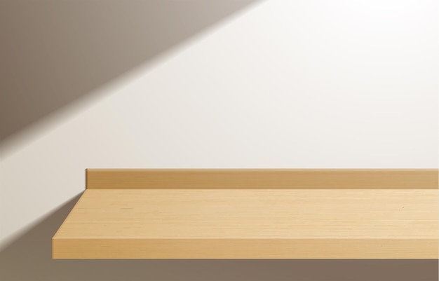 Mesa superior de madera mínima vacía, podio de madera en fondo blanco. para presentación de productos, simulacros, exhibición de productos cosméticos, podio, pedestal de escenario o plataforma. Vector 3d