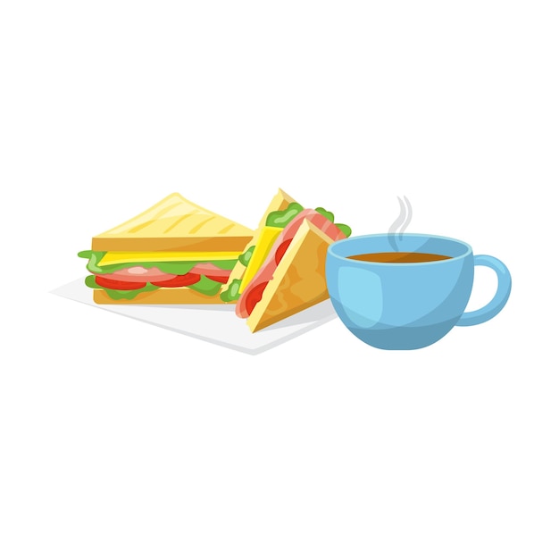 Mesa de taza de café para sándwiches Sándwiches frescos de delicatessen Bebida caliente Alimentos para el desayuno Vector de café de la mañana