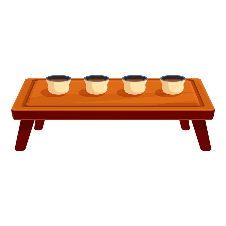 Vector mesa de té de madera con cuatro tazas llenas de té