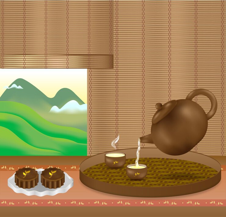 Vector mesa de té con tazas de té y pastel de luna en una cortina de bambú de campos de té