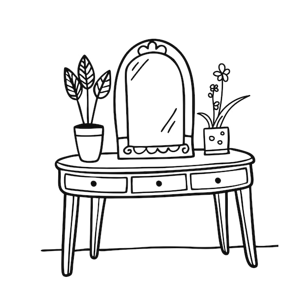 Mesa de tocador con espejo y plantas Ilustración vectorial en estilo doodle