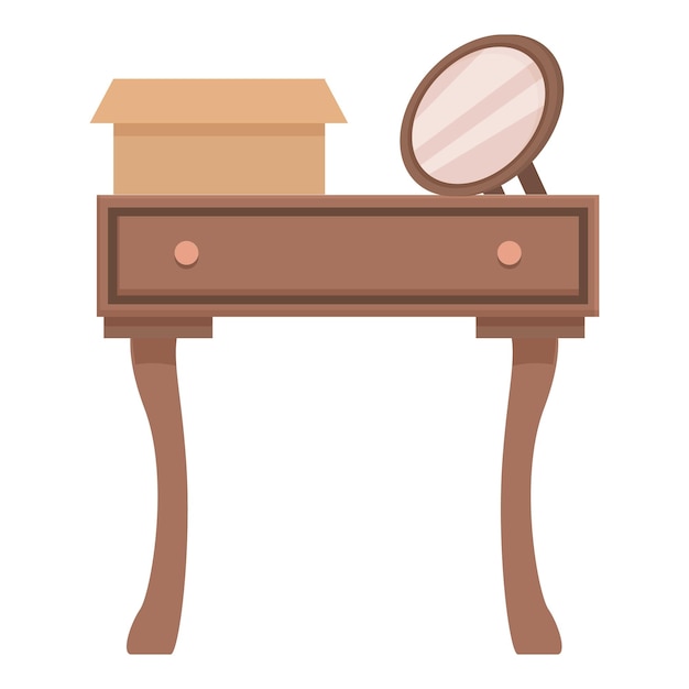 Mesa de tocador de madera con caja de cartón y espejo
