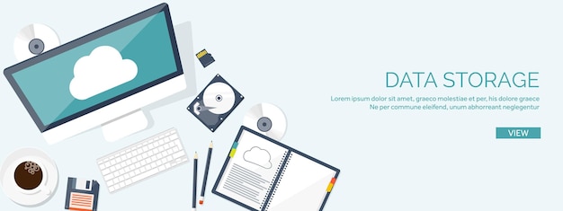 Mesa de trabajo de ilustración vectorial con documentos, computadora, computación en la nube plana, medios de fondo