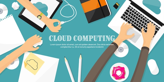 Mesa de trabajo de ilustración vectorial con documentos, computadora, computación en la nube plana, medios de fondo