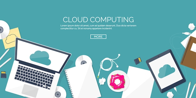 Mesa de trabajo de ilustración vectorial con documentos, computadora, computación en la nube plana, medios de fondo