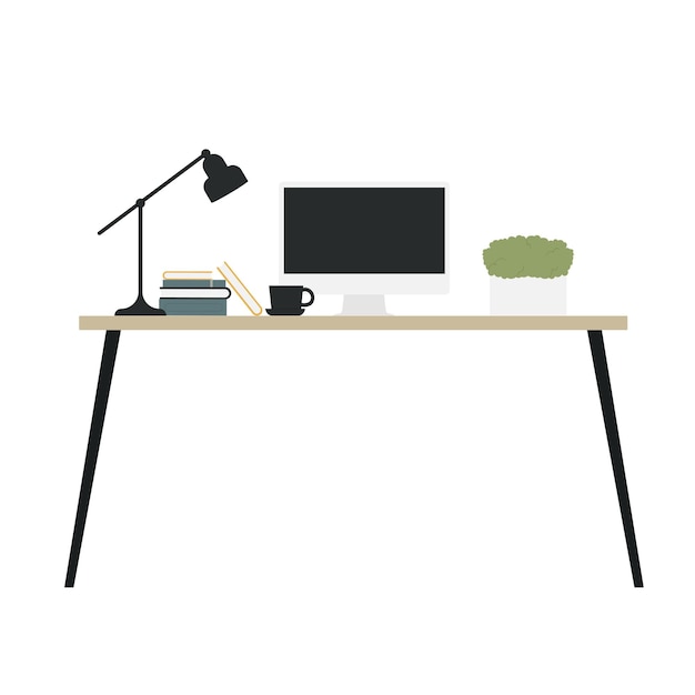 Mesa de trabajo moderna con lámpara de computadora y libros, diseño de decoración de interiores de muebles