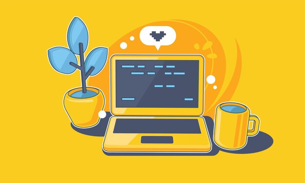 Mesa de trabajo con ordenador portátil Trabajo desde casa Ilustración del concepto de desarrollo de software independiente