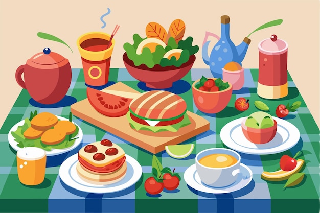 una mesa con una variedad de alimentos, incluida una ensalada de sándwich y una tabla de corte con una bandeja de comida