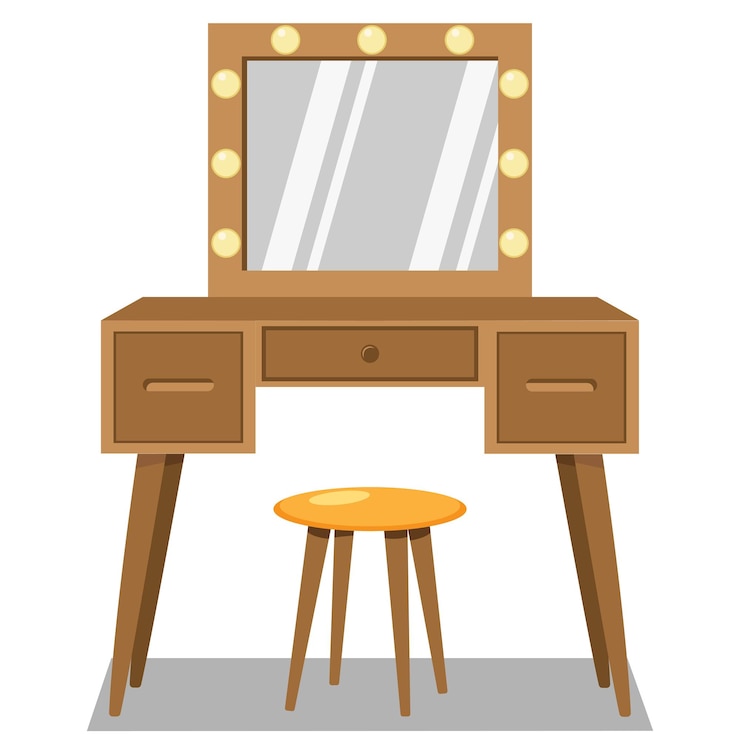 Vector mesa de vestir con espejo plano maquillaje vectorial espejo mesa de vestimenta silla de mesa plana ilustración